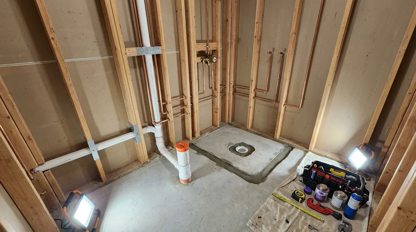 Bathroom rough-in plumbing during remodel by Johns Plumbing LLC in Eastport