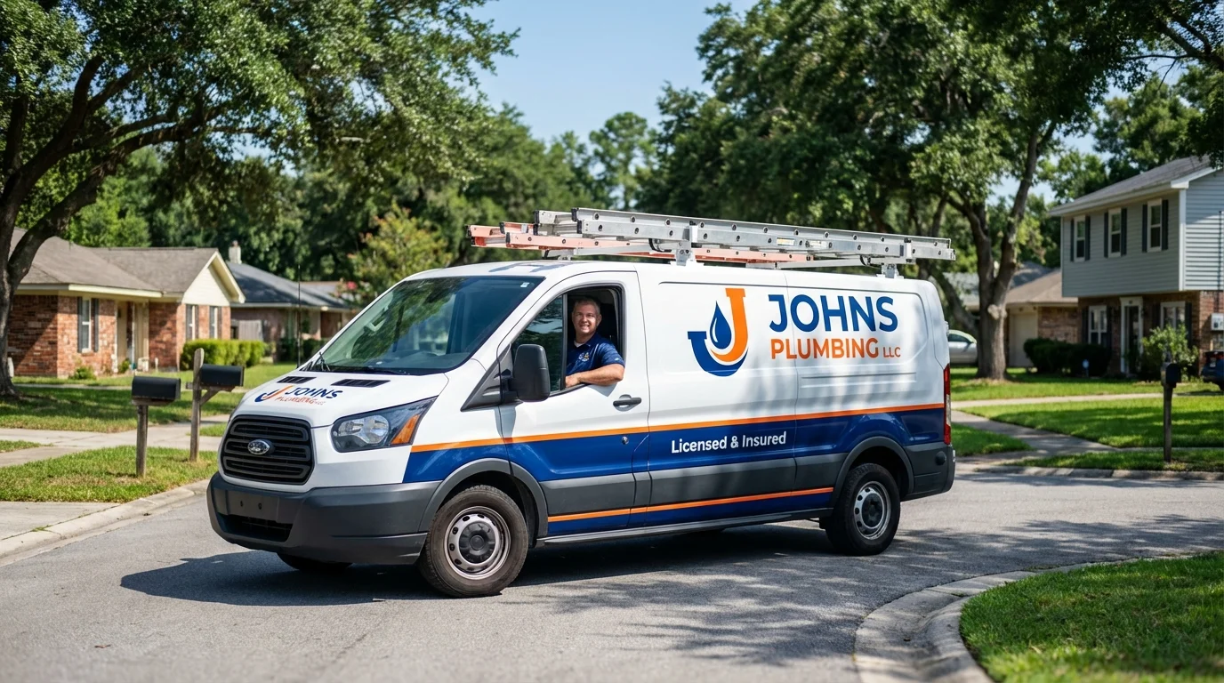 Johns Plumbing LLC service van in Eastport, NY
