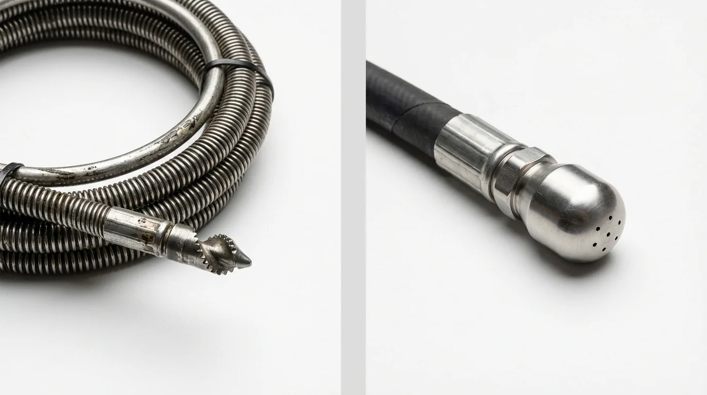 Drain snake cable and hydro jetting nozzle used for drain cleaning in Eastport, NY