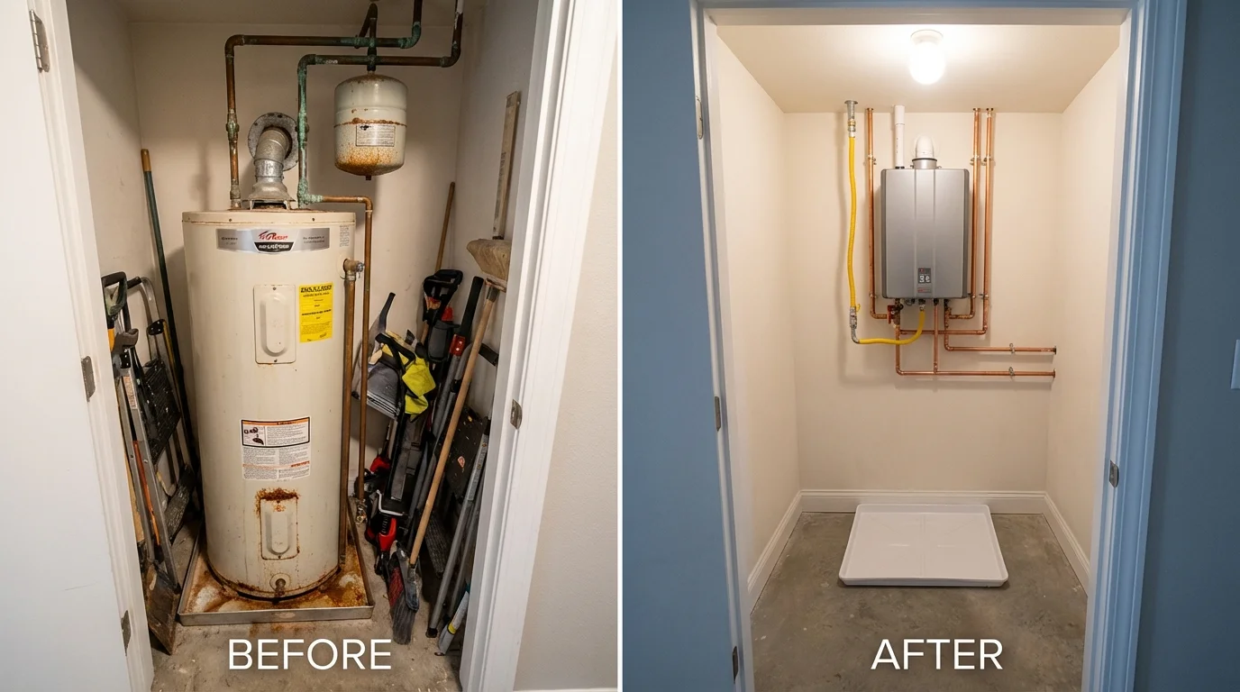 Tank water heater versus wall-mounted tankless unit comparison for Eastport, NY homeowners