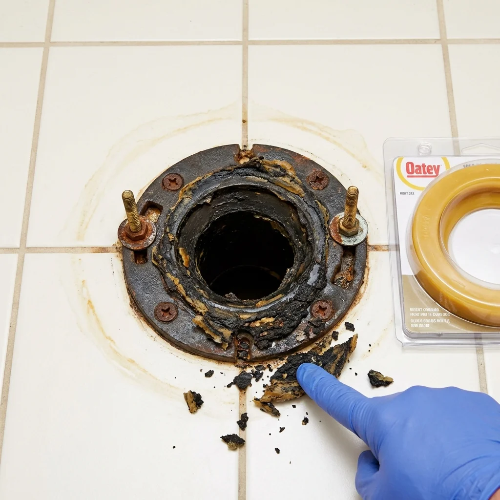 Failed wax ring showing water seepage at the base of a toilet in a Eastport, NY home