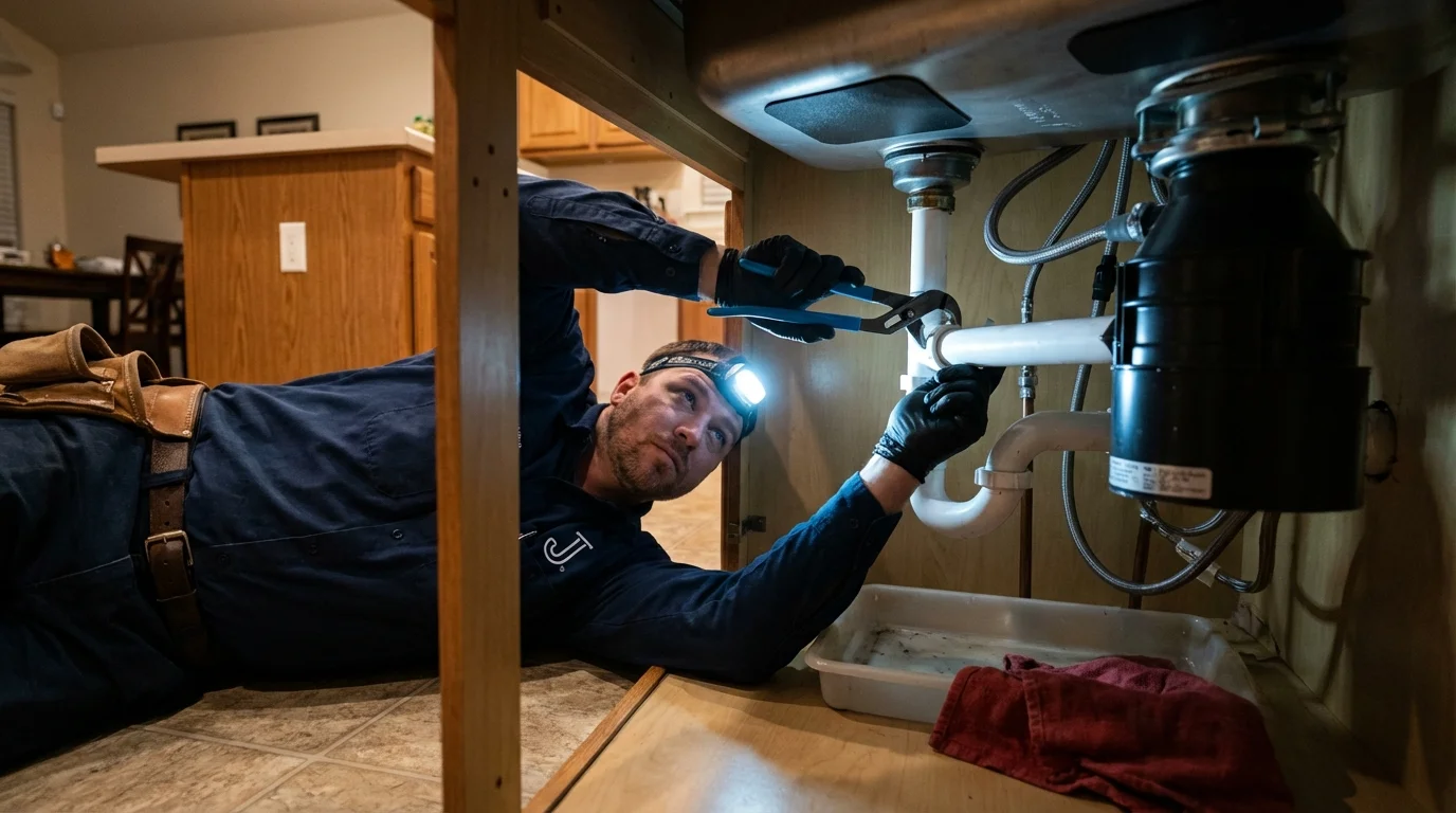P-trap and supply line connections under a kitchen sink showing a common leak point in Eastport, NY